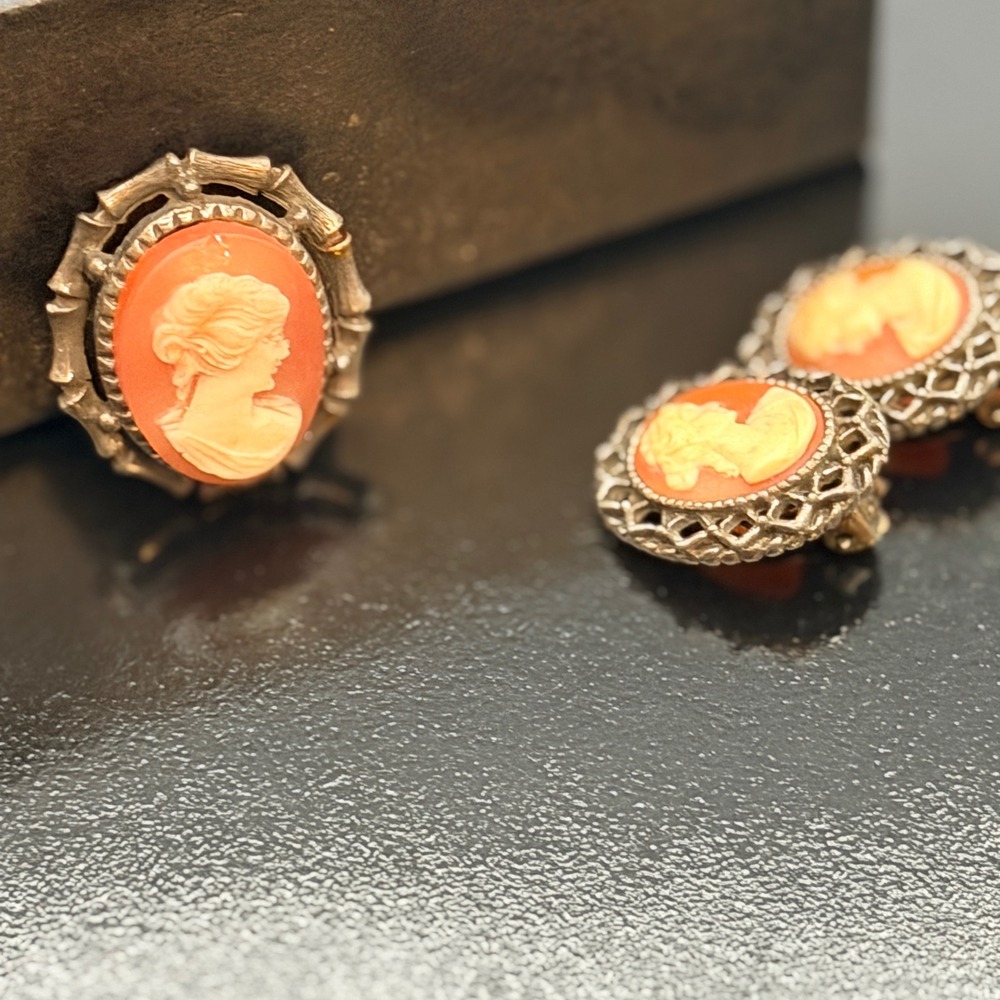 Vintage Cameo Brooch and Clip On Earrings Set Coral Gold Tone Victorian Style